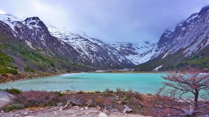 Turquoise lake and snow-capped mountains in Patagonia