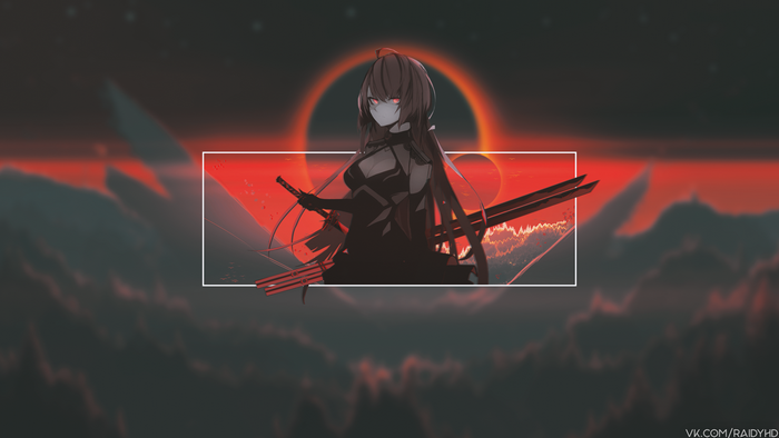Anime girl with swords and eclipse background