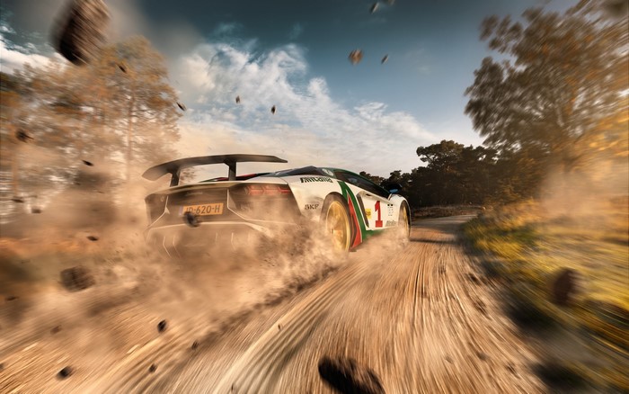 Lamborghini Aventador SVJ on a dirt rally stage