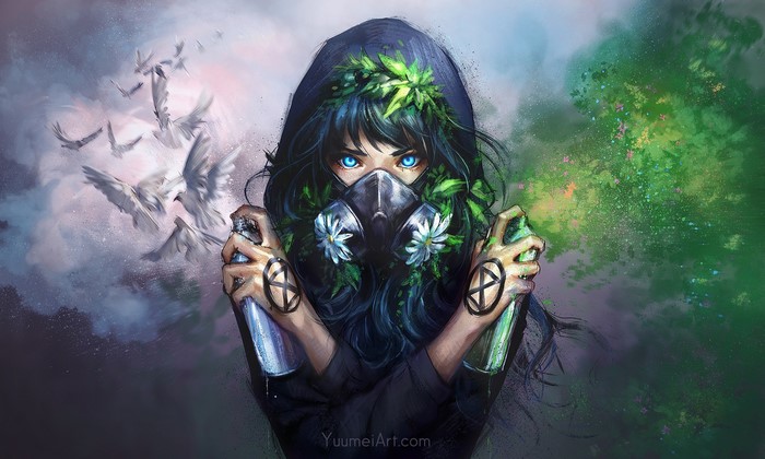 Girl with gas mask and spray cans, doves and green nature