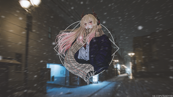 Anime girl with horns and scarf in snow
