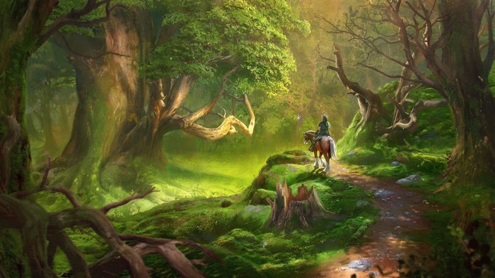 Link from The Legend of Zelda riding a horse in a forest