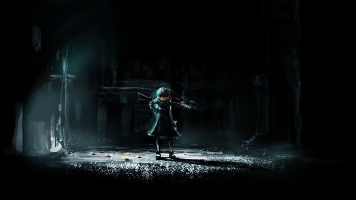 Anime girl with glowing red eyes holding a rifle