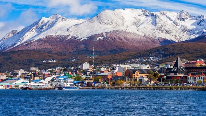 Ushuaia, Patagonia: Cityscape with Snow-Capped Mountains and Harbor