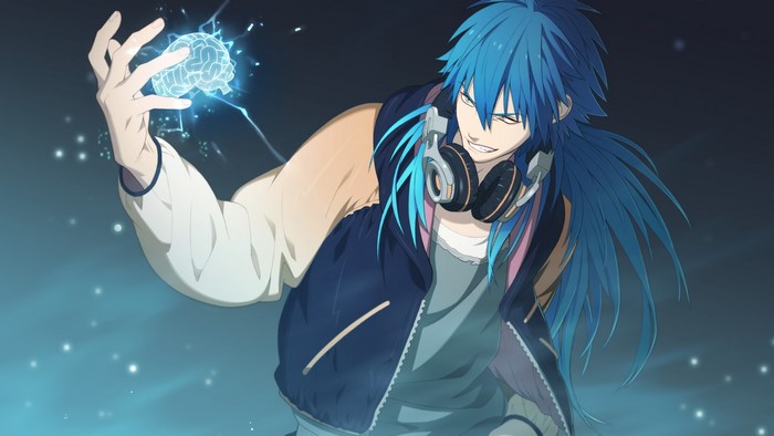 Anime boy with blue hair and headphones holding a brain