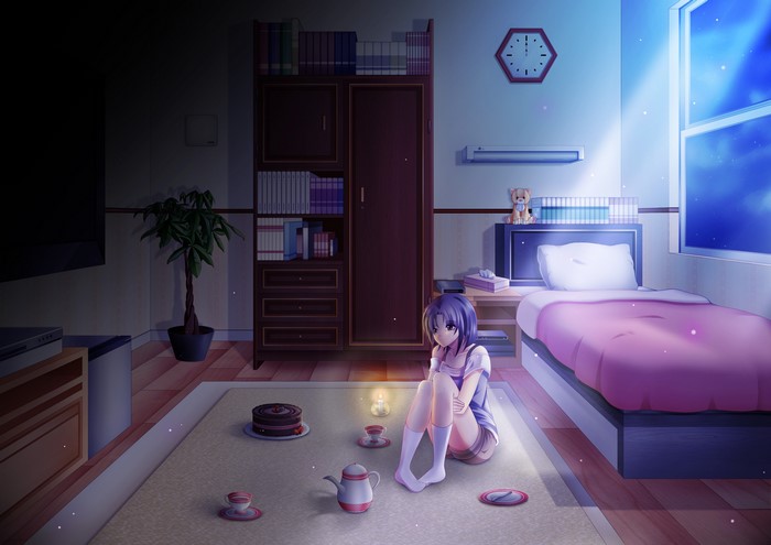 Anime girl with violet hair in a room at night