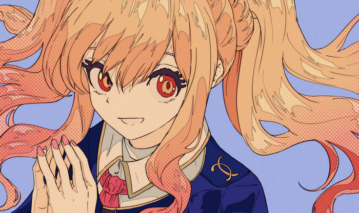 Anime girl with blonde hair and red eyes in uniform