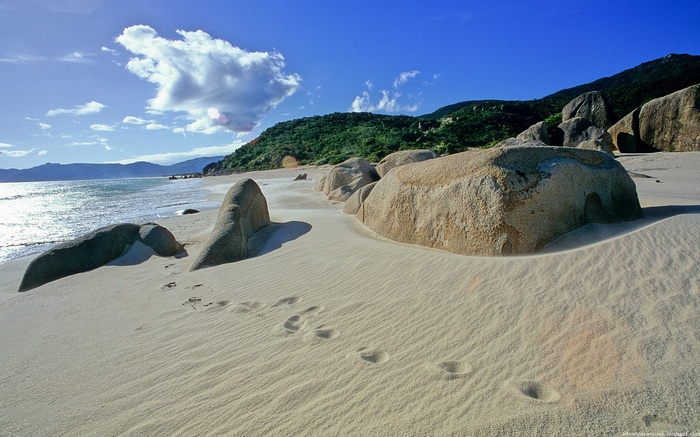 Footprints on a sandy beach with large rocks and ocean