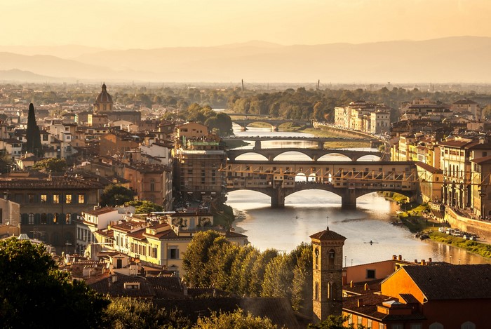 Florence cityscape with Ponte Vecchio bridge over Arno River