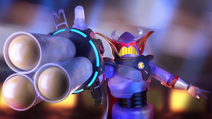 Emperor Zurg from Toy Story holding a large weapon