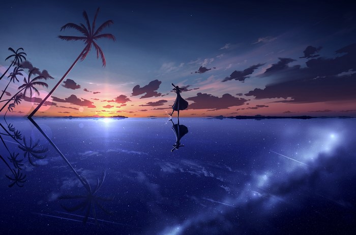 Serene Anime Sunset Over Reflective Sea