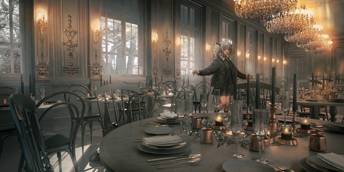 Anime girl in formal dining room with chandeliers