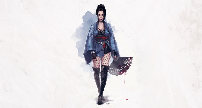 Woman in blue kimono holding a bloody fan