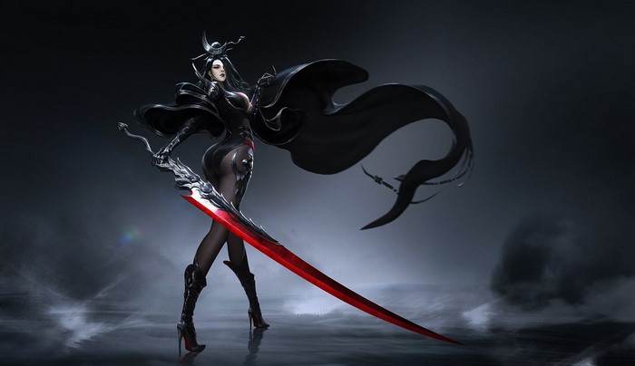 Fantasy girl with black hair and a red sword