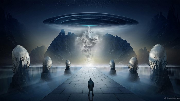 Surreal Night Scene with UFO and Mountains