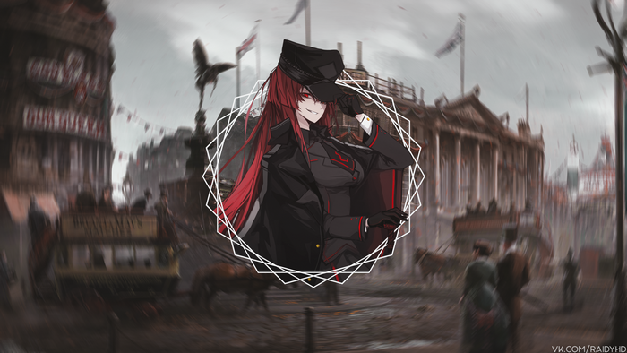 Anime girl in military uniform in Victorian city