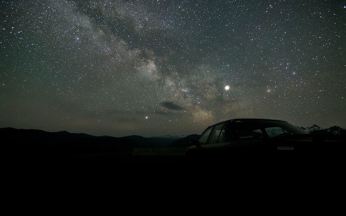 Milky Way over mountains with car