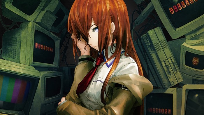Makise Kurisu from Steins;Gate surrounded by old computer monitors