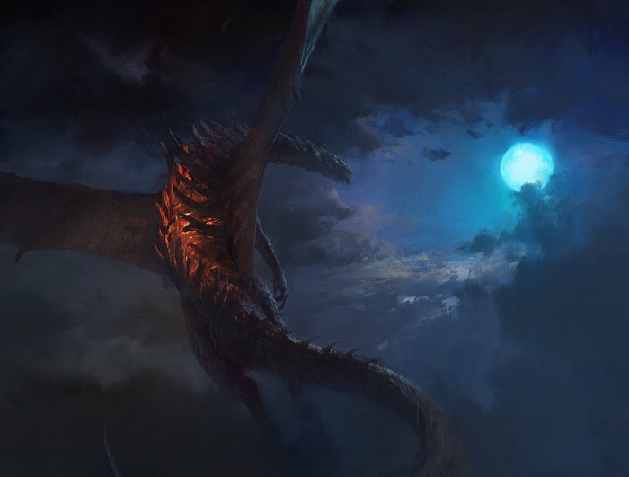 Dragon flying in front of a blue moon