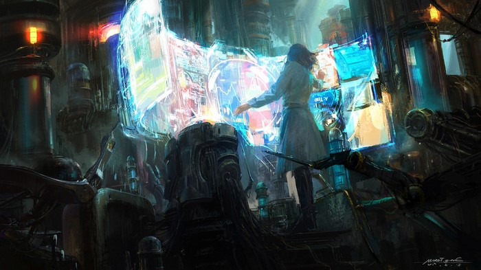 Woman interacting with futuristic holographic displays