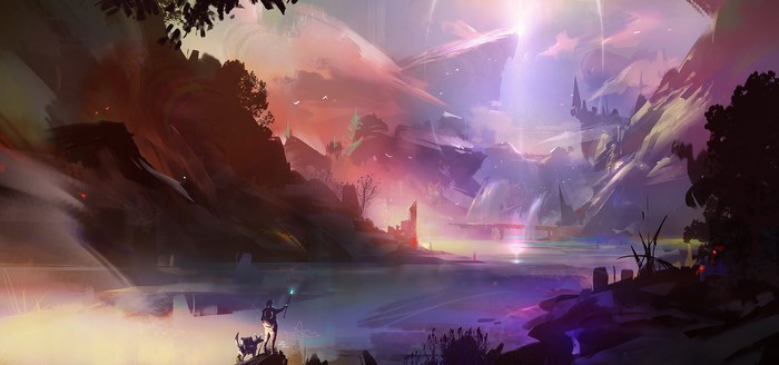 Fantasy landscape with a person and dog by a river