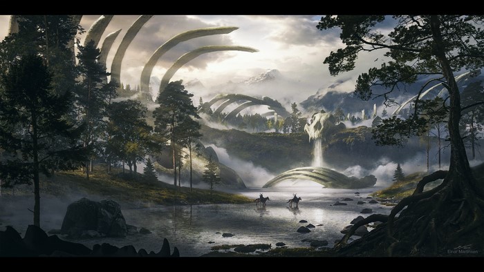 Fantasy landscape with giant bones and riders