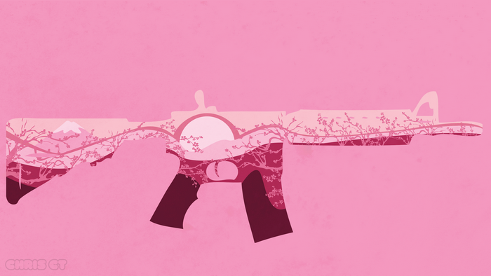 Assault rifle silhouette with cherry blossoms and mountains