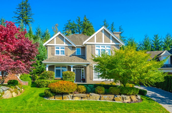A beautiful suburban house with a well-maintained garden