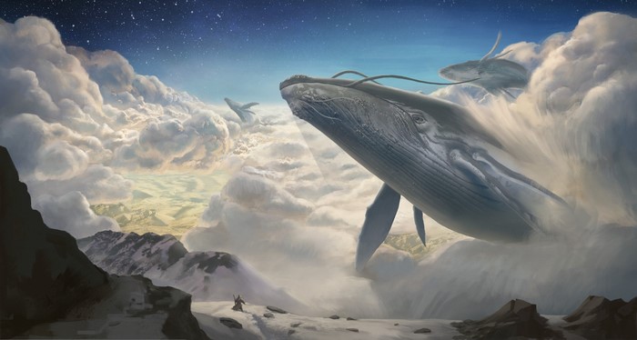 Whales flying through clouds in a fantasy landscape