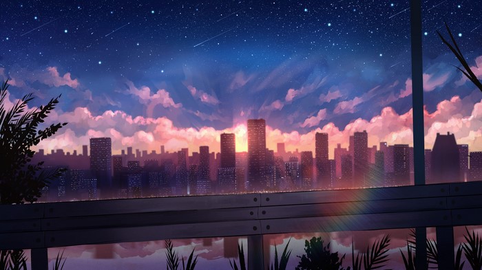 Anime cityscape at sunset with stars and meteors