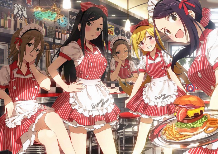 Anime waitresses in a diner serving a burger and fries