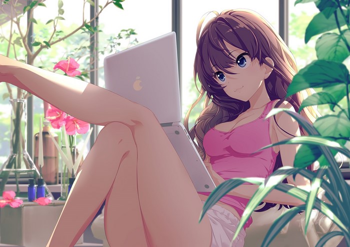 Anime girl with laptop and plants
