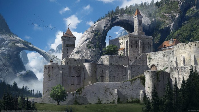 Fantasy castle built into a rocky mountain arch