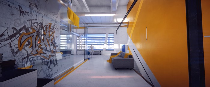 Graffiti-covered room with yellow accents in Mirror's Edge Catalyst