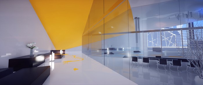 Interior of a modern building with yellow accents