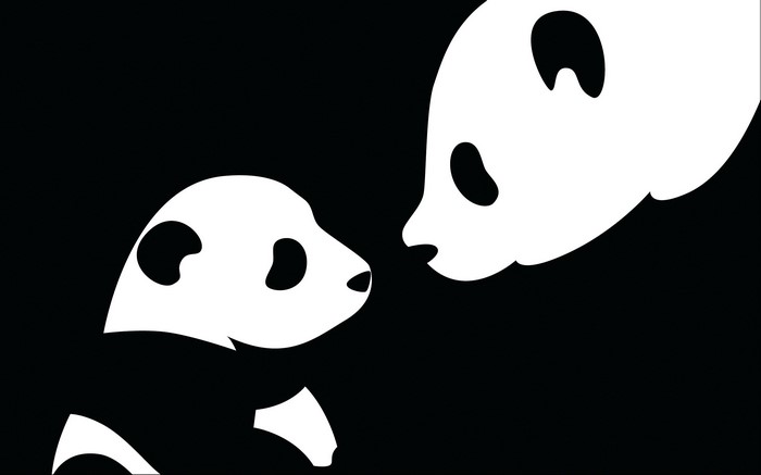 Two pandas face each other in minimalist style