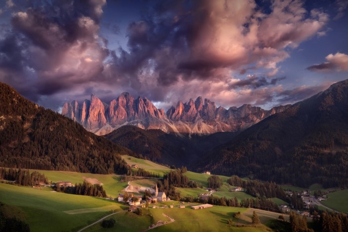 Dramatic sunset over the Dolomites mountains in Italy