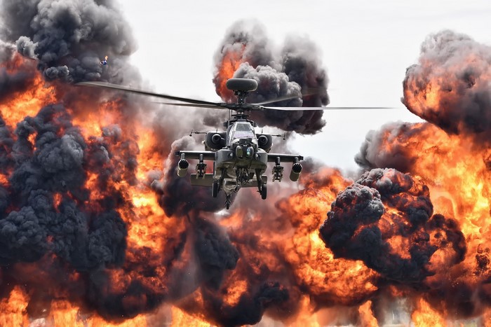 Boeing AH-64 Apache helicopter in explosion