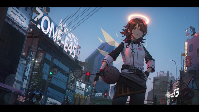 Exusiai from Arknights holding a basketball in a city