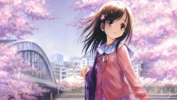 Anime girl in school uniform under cherry blossoms