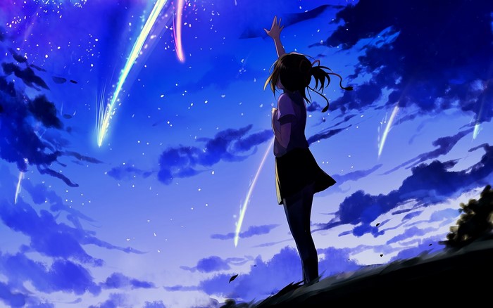 Anime girl reaching for shooting stars in night sky