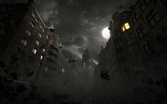 Gothic cityscape at night with bats and moonlight