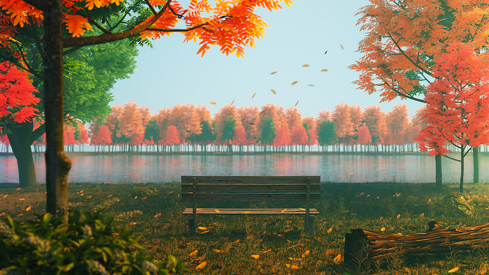 Autumn park with a bench by the lake