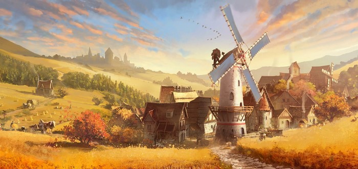 Illustration of a village with a windmill and fields