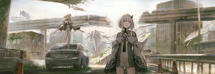 Two anime girls in a destroyed city with a car