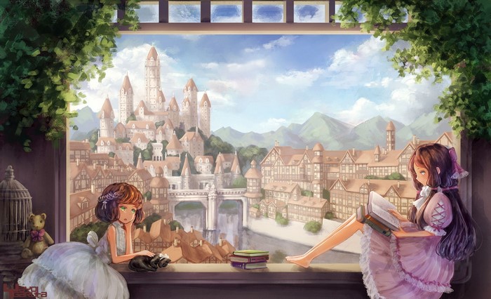 Anime girls reading and relaxing in a fantasy city