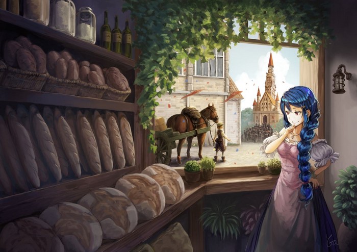 Anime girl in bakery with view of town festival