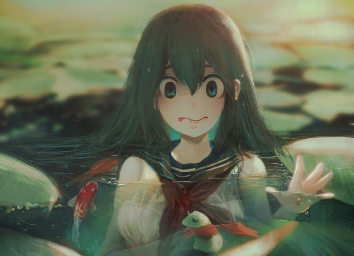 Anime girl in sailor uniform in a pond with koi fish