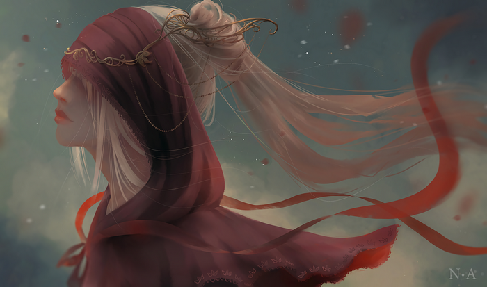 Woman with blonde hair wearing a red hood and gold crown
