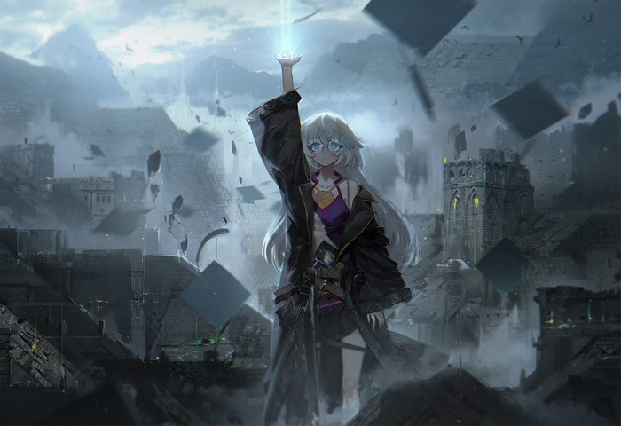Anime girl with white hair and glasses casting magic